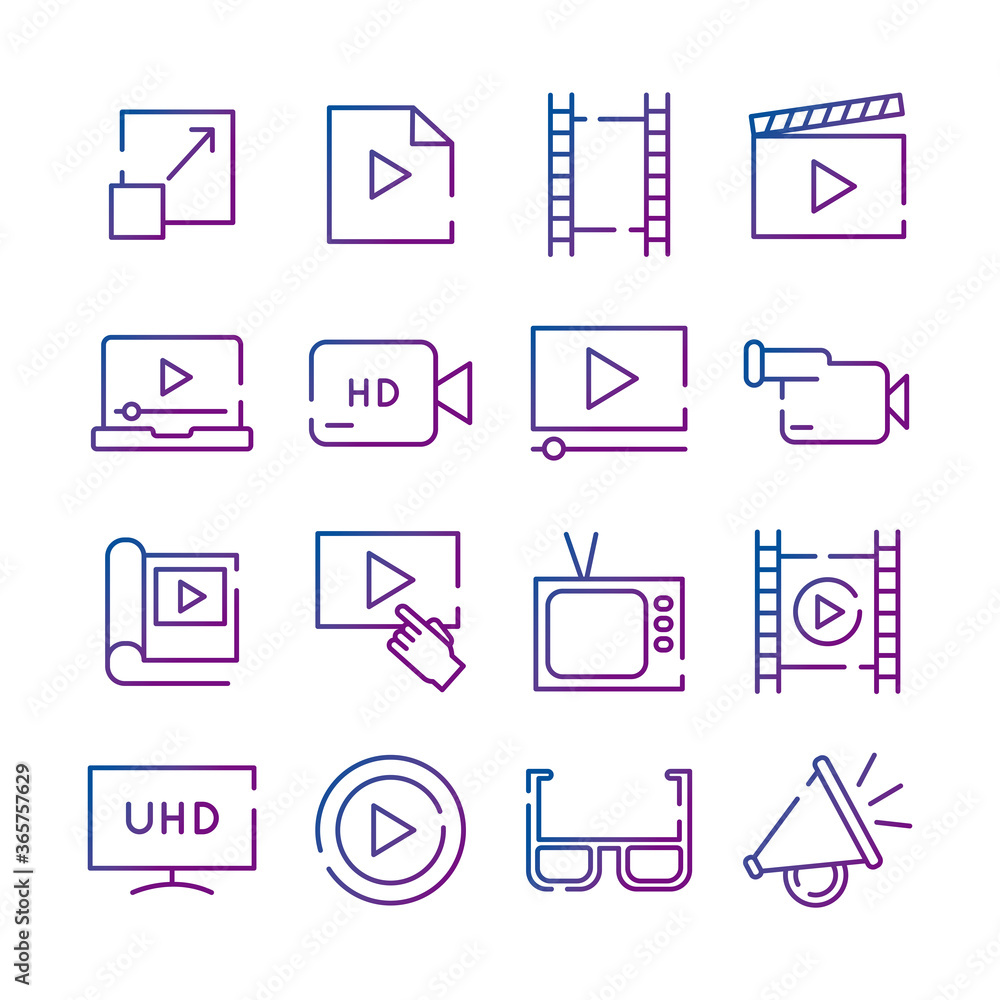 Poster bundle of video content gradient style icon