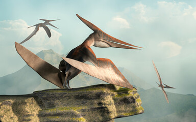 A pteranodon perches on a rocky outcropping while two others fly by. One of the largest flying reptiles, these pterosaurs lived during the cretaceous period.
