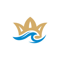 Ocean king, wave and crown, simple flat logo concept in gold and blue color