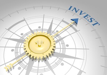Business concept. Abstract compass points to the invest word. 3D rendering