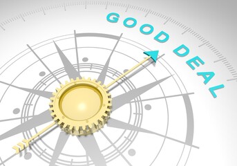 Business concept. Abstract compass points to the good deal text. 3D rendering