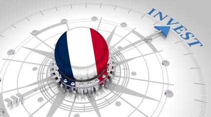 Business concept. Abstract compass points to the invest word. Flag of the France. 3D rendering © JEGAS RA