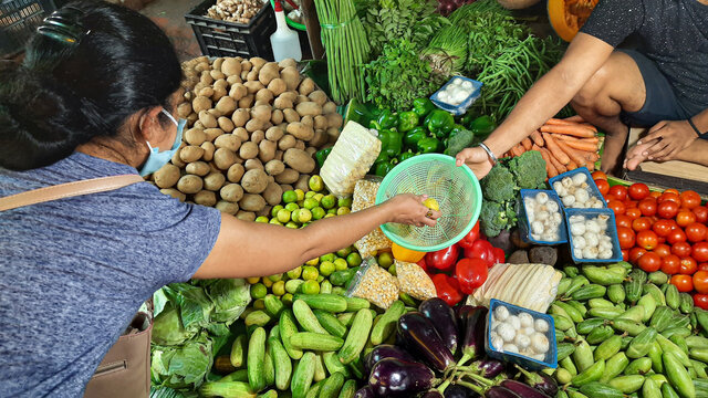 Woman customer putting selected vegetables in a basket practicing social distancing norms at a local market grocery shop at Kolkata