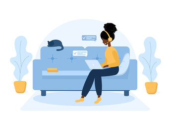 Woman freelance. African girl in headphones with laptop sitting on the sofa. Concept illustration for working, online education, work from home, healthy lifestyle. Vector illustration in flat style.