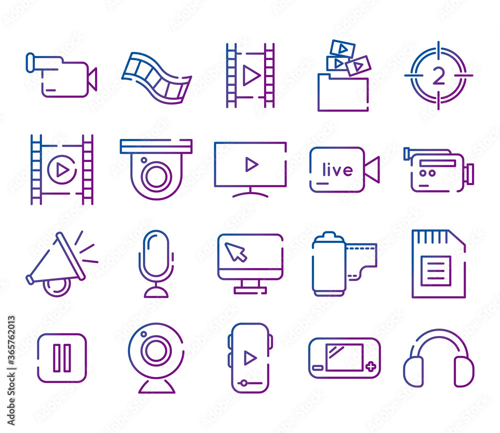 Poster bundle of video content gradient style icon