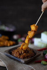 Singapore Satay on Dark Background with Copy Space. Indonesian Sate Dark Food Photography. Dipping...