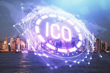 Double exposure of crypto currency theme hologram drawing and city veiw background. Concept of...