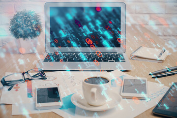 Fototapeta premium Double exposure of table with computer on background and data theme drawing. Concept of innovation.