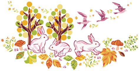 秋の紅葉や落ち葉や動物のイラスト