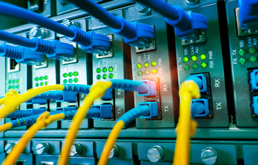 Fototapeta na wymiar Fiber Optic cables connected to optic ports and UTP, Network cables connected to ethernet ports.