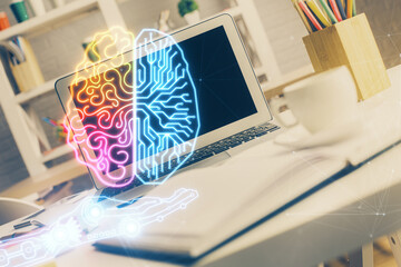 Double exposure of desktop computer and human brain drawing hologram. Ai concept.
