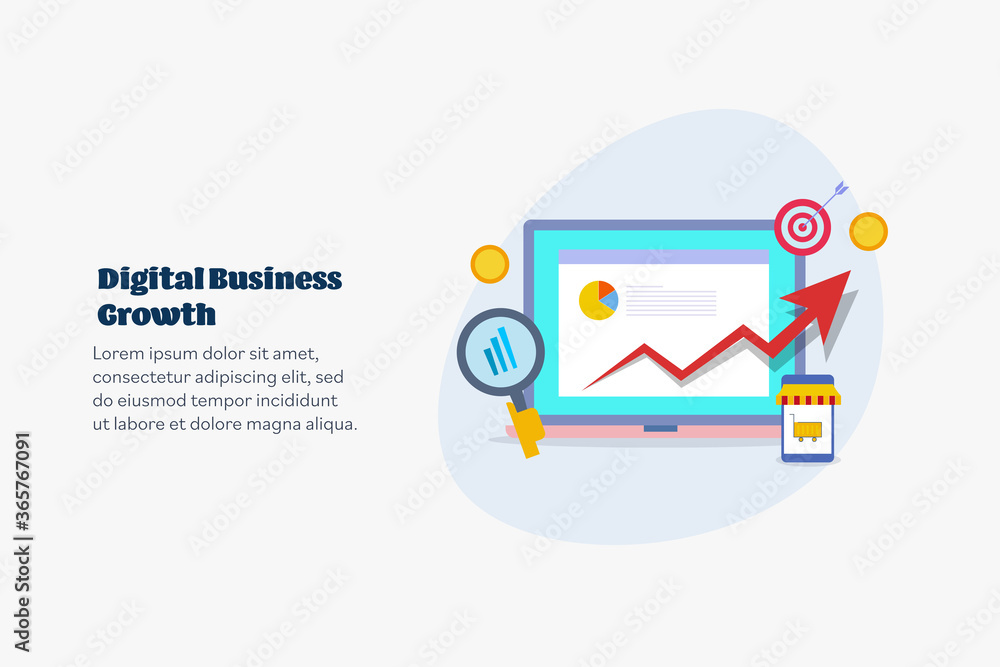 Poster kpi dashboard showing digital business growth, increasing ecommerce mobile sales, financial report, 
