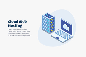 Cloud computing with web hosting server.  Cloud networking, server data storage and online sharing concept. Digital technology, web hosting service. Isometric web banner template with text.