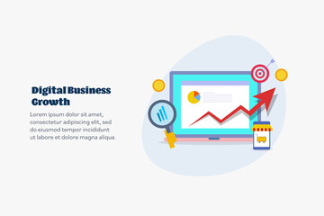 Kpi dashboard showing digital business growth, increasing ecommerce mobile sales, financial report, data graph chat analysis concept. Flat design web banner template.