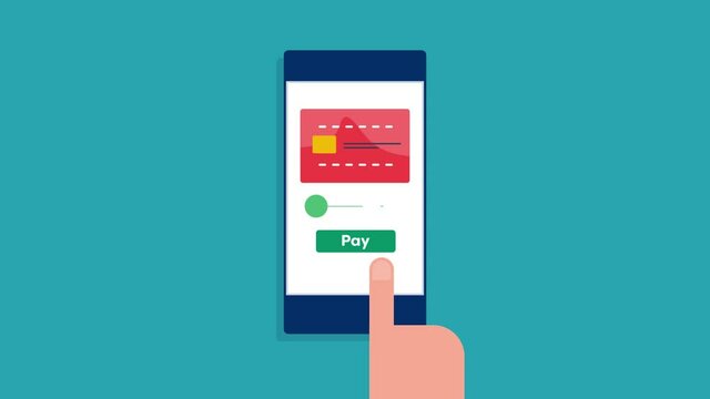 Customer paying online with mobile payment application. Digital transaction and online banking concept. Digital payment successful, online shopping. Finance and technology 2d animation, 4k video clip.