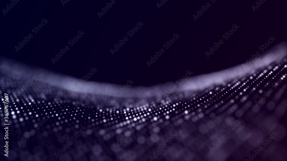 Poster Abstract background with the movement of luminous particles. Digital technology. 3D rendering.