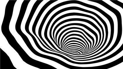 Black and white abstract wormhole. Optical illusion. Twisted vector illustration. 3D tunnel.