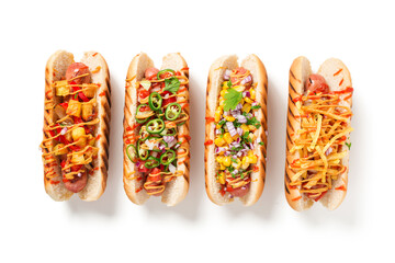 Hot dogs fully loaded with assorted toppings. isolated on white background - obrazy, fototapety, plakaty