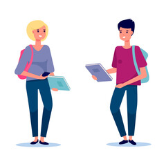 Group of students are standing together isolated on  white background. Smiling young people with backpacks and books. Vector illustration in flat style.  Education and youth concept