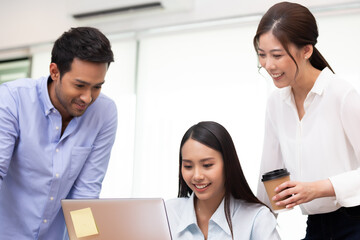 Asian business man and women meeting and talk about job in office.