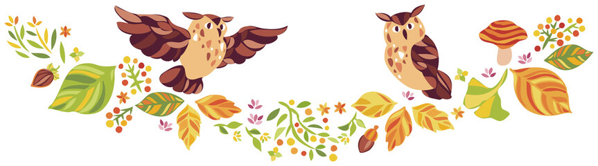 秋の紅葉や落ち葉や動物のイラスト