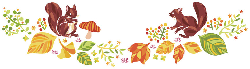 秋の紅葉や落ち葉や動物のイラスト