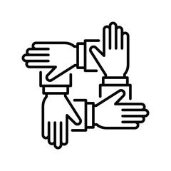 Obraz premium Four hands support each other. concept of teamwork collaboration thin line. Support Business friendship and partnership sign. Alliance cooperation Vector illustration Design on white background EPS10