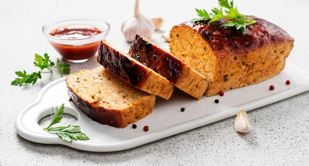 Tasty homemade ground baked chicken meatloaf glazed with barbeque sauce .