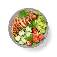 Grilled chicken breast, fillet and fresh vegetable salad. Healthy lunch menu. isolated on white background	
