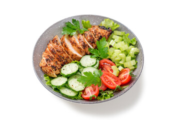 Grilled chicken breast, fillet and fresh vegetable salad. Healthy lunch menu. isolated on white background	
