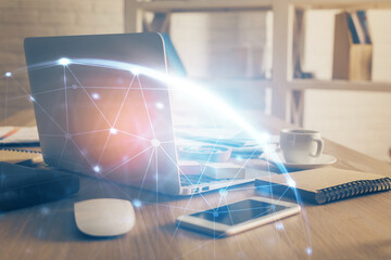 Computer on desktop with social network theme icon. Multi exposure. Concept of international...