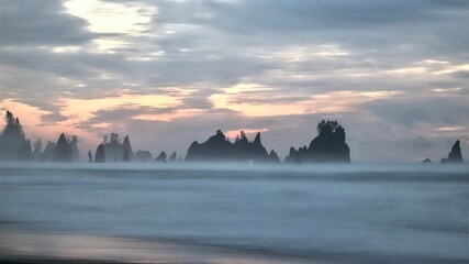 Sea stacks in the ocean at sunset with salty mist from the ocean. Shi Shi Beach. Olympic peninsula....