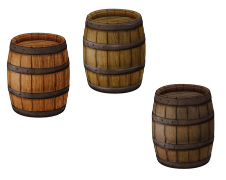 Wooden barrel of different colors. Illustration on white background.