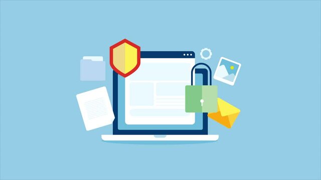 Data protection, internet security system for online website, ssl certificate, encrypted secure login, secure connection access, shield and lock on computer, document concept. 2d animation, 4k video.