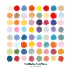 Set of colorful watercolor hand painted round shapes, stains, circles, blobs isolated on white. Illustration for artistic design
