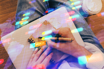 Writing human hands with data theme multi exposure icons.