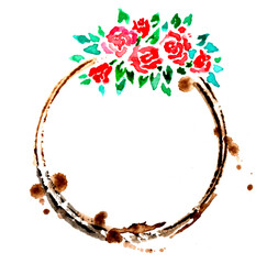 Brown coffee or tea shapes ring with drops. Red roses watercolor frame.