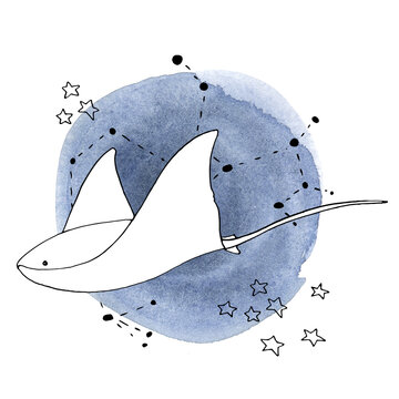 recommend clip art: Mistery sea is a collection of high-quality hand-drawn watercolor and line art illustrations of sea animals, abstract shapes and planets, constellations, abstract lines and stars.