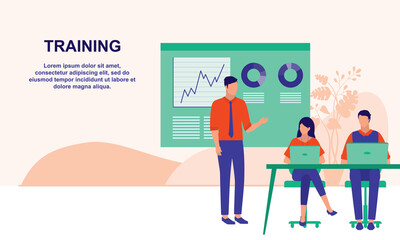 Young Businessman Giving A Training. Business Training, Seminar And Programming Concept. Vector Flat Cartoon Illustration.