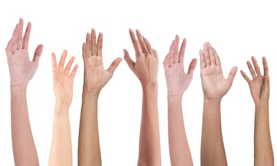Many hands up isolated on white background