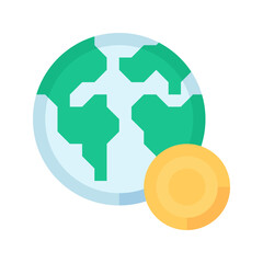 Earth Globe with Coin flat icon. Worldwide Money Transfers vector flat color sign.