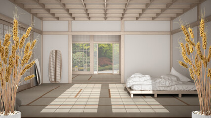 Potted straws with pebbles, dry plants, ornament, ears, sheaf, branch in vase, over white bedroom with double bed, modern minimal interior design