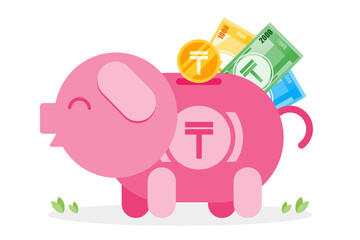 Saving Kazakhstani Tenge Coin and Money to Piggy Bank Vector Illustration Flat Design. Economy Financial Concept Element. Can be used for Digital and Print Infographic.