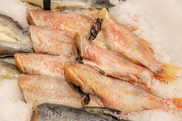 Fillet of fresh pink fish perch on ice on the counter. Diet and healthy eating. Close-up. Top view.