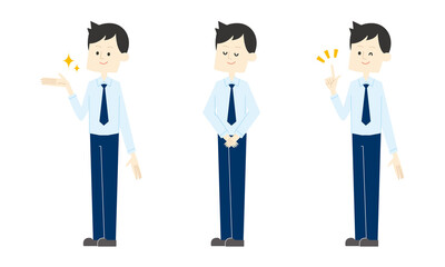 スーツ姿の男性社員セット（手で指し示す・お辞儀・指差し）ベクターイラスト