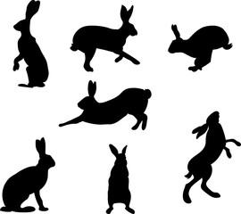 Set of hand-drawn running, looking up and sitting in various poses rabbits black silhouette . Set of Easter bunny outlines isolated on white background. Simple cartoon bunny.