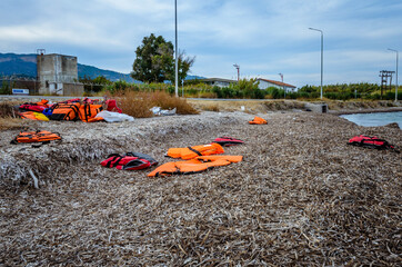 Lesvos Greece- Lifejackets left by refugees on the shore of Mytilini.