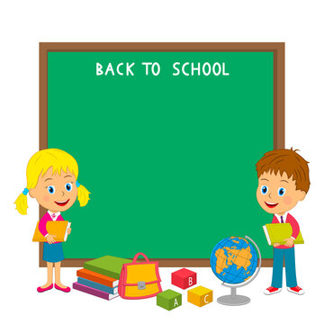 kids stand wth books on the blackboard background, illustration,vector