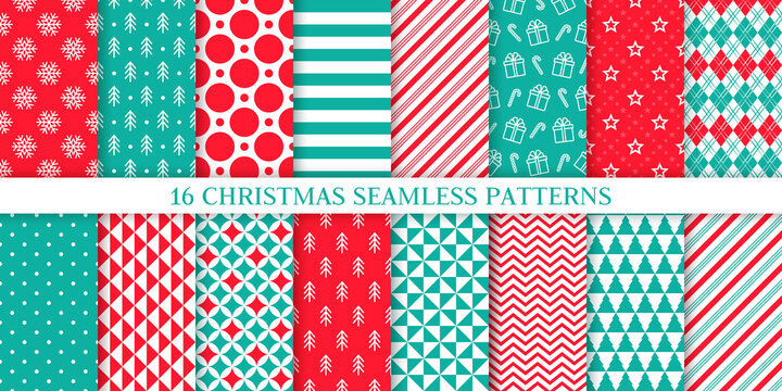 Christmas seamless pattern. Vector. Xmas print with snowflake, tree, stripe, zigzag, gift box, polka dot, star. New year background. Set festive texture. Festive wrapping paper. Red green illustration