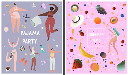 Set party posters. Vector colorful summer poster with girl, fruits and berries. Pajamas party. Poster with girls in pajamas, cosmetics and household items. Vector flat posters in cartoon style.